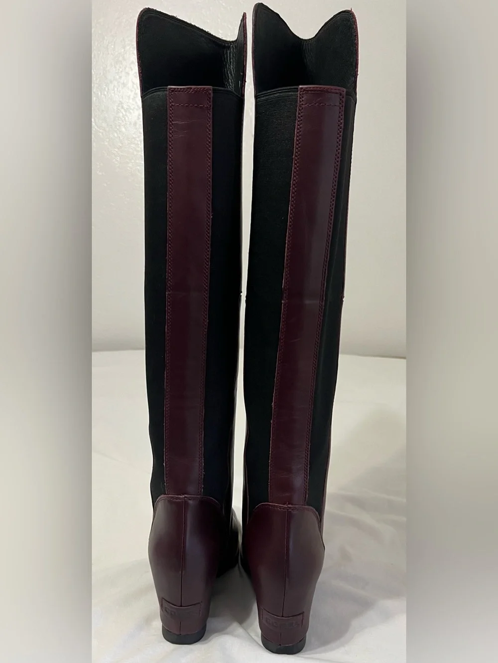 NWOB SOREL Fiona Lux Burgundy Leather Over-the-Knee Wedge Boots Size 8
